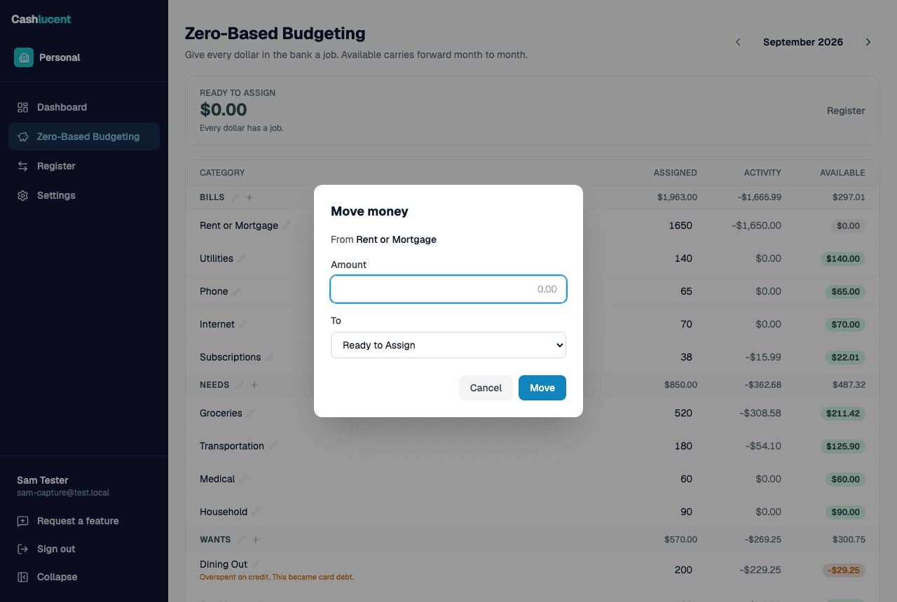 The Move money dialog over the budget grid: from Rent or Mortgage, an amount field, and a To selector set to Ready to Assign