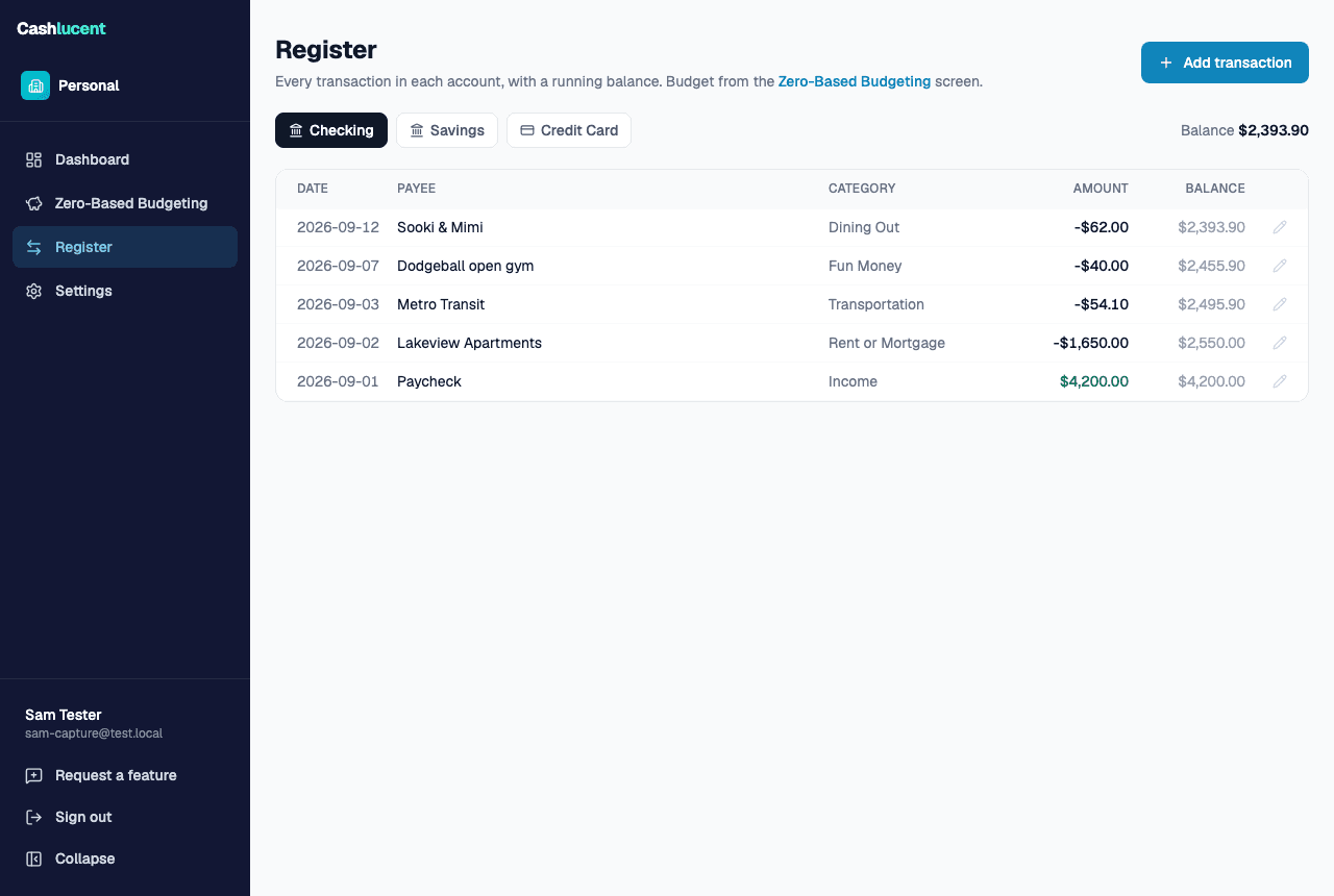 The Register for the Checking account: five transactions from a paycheck to restaurants, each with a category and a running balance